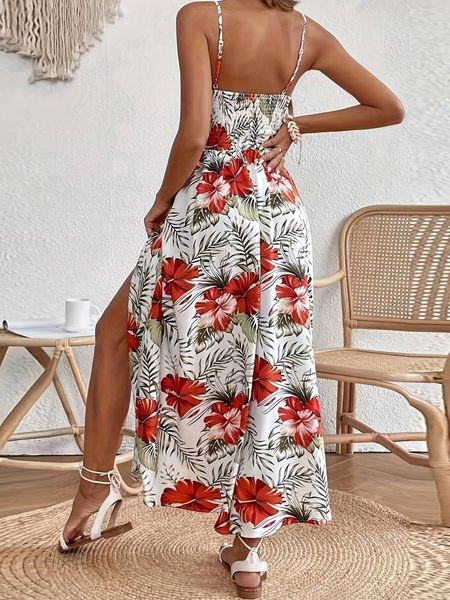 Women's Tropical Print Sleeveless V Neck Split Thigh Cami Maxi Dress HELB2TBLQ4