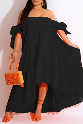 Black Casual Solid Patchwork Asymmetrical Off the Shoulder Straight Dresses and hat and bag set.