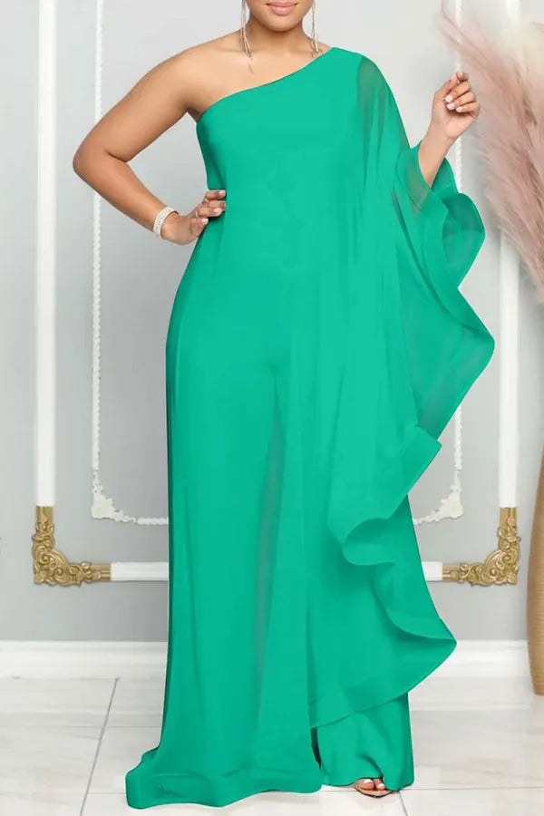 Green Casual Daily Elegant Patchwork Solid Color One Shoulder Regular Jumpsuits