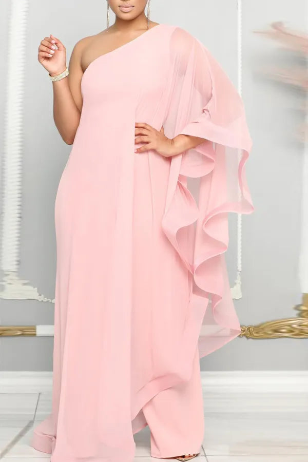 Pink Casual Daily Elegant Patchwork Solid Color One Shoulder Regular Jumpsuits