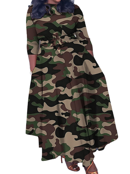 Camo Print Waist Tie Large Hem Long Dress HW77YNEUQC