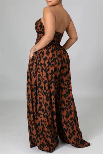 Brown Fashion Sexy Print Backless Strapless Regular Jumpsuits