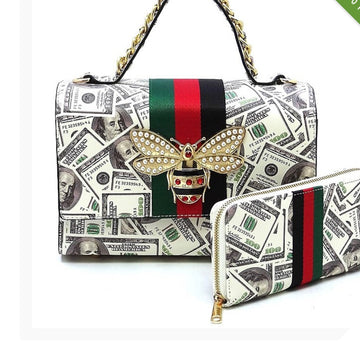 100 Dollar Bills C-Notes Queen Bee Stripe 2-in-1 Boxy Satchel