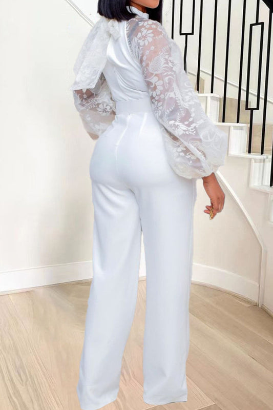 White Elegant Solid Patchwork See-Through O Neck Straight Jumpsuits(Contain The Belt)