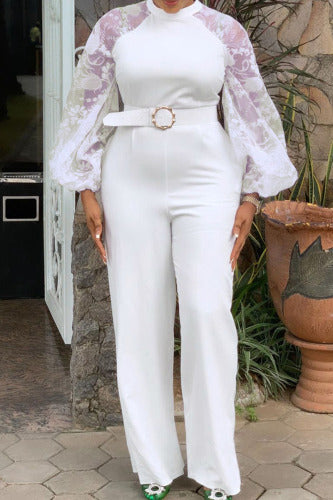 White Elegant Solid Patchwork O Neck Straight Jumpsuits