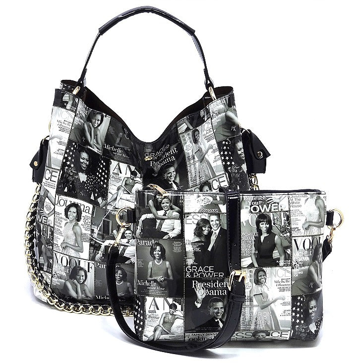 Bundle deal.  2-in-1 Magazine Cover Collage Bucket Shoulder Bag Hobo Set and 2 IN 1 MAGAZINE MICHELLE OBAMA COSMETIC CASE