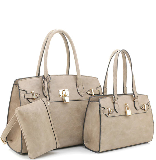 Padlock Accent 3 in 1 Twin Tote-Satchel Value Set