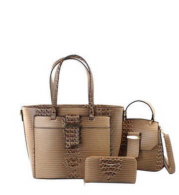 Crocodile-Ostrich Embossed 3 in 1 Tote Satchel Wallet Set