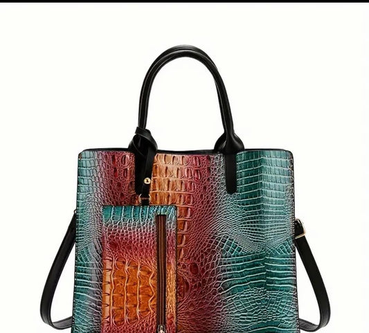 Luxurious Crocodile Embossed Tote Handbag - Spacious Interior