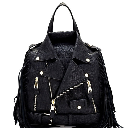 Moto Jacket Design Fringed Backpack / Shoulder Bag