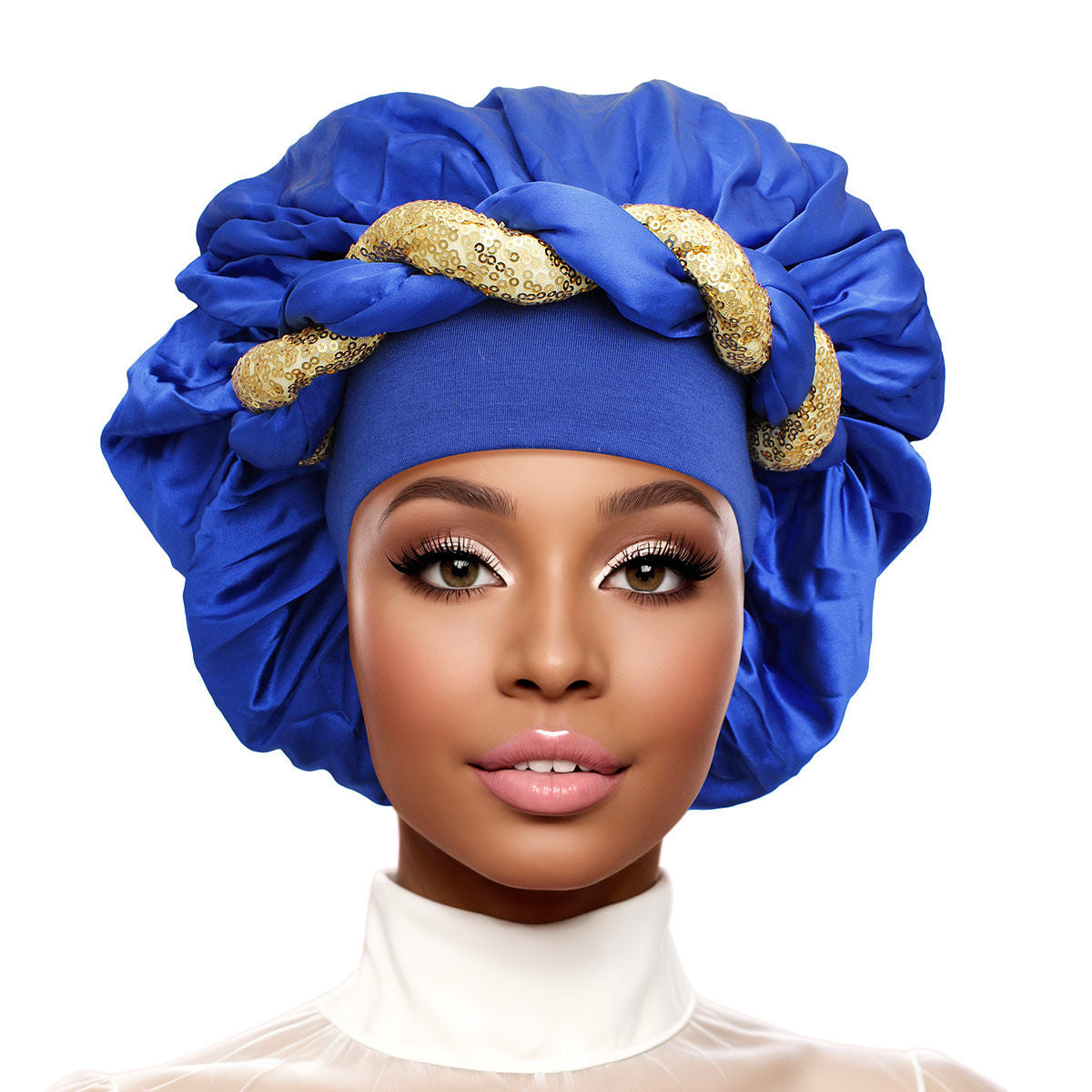 Bonnet Blue Gold Satin Wide Edge Twist Women