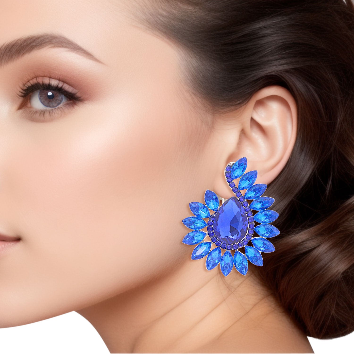 Clip On Blue Hook Crystal Earrings for Women