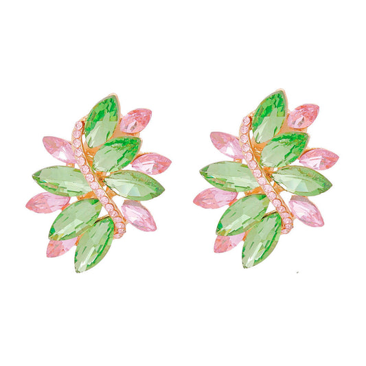 Clip On Pink Green Marquise Cluster Earrings Women