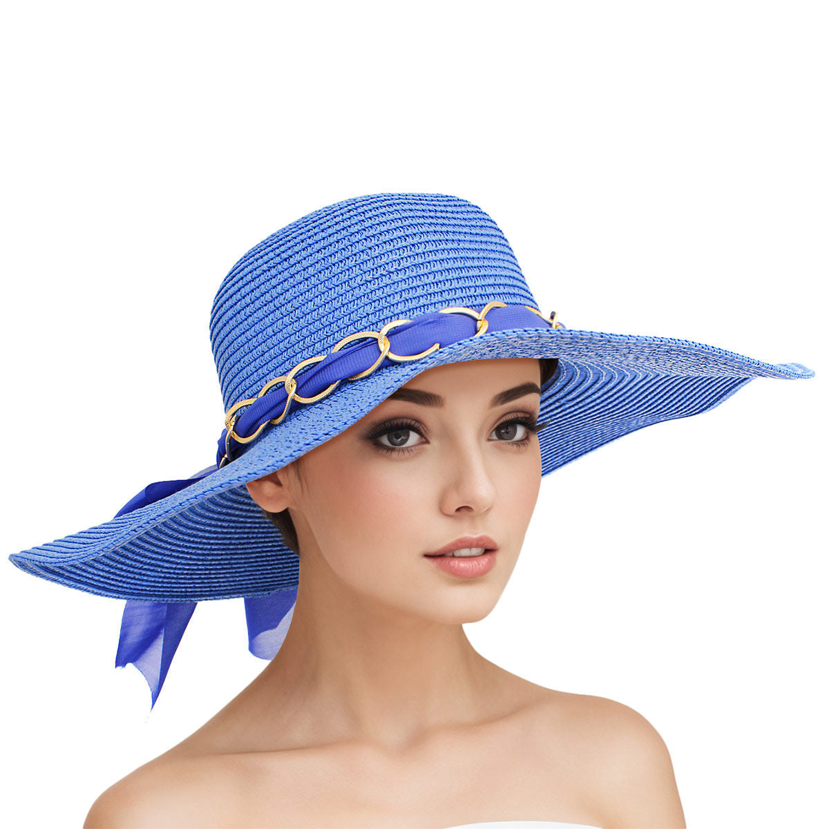 Straw Hat Classy Blue Bow SGRHO Chapeau for Women