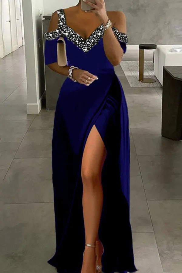 Blue Formal Patchwork Slit V Neck Evening Dress