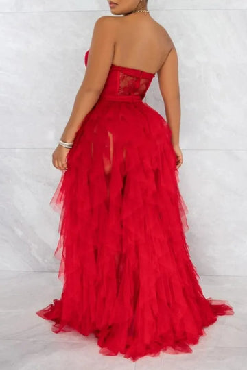 Red Sexy Formal Solid Patchwork See-Through Backless Strapless Evening Dress Dresses