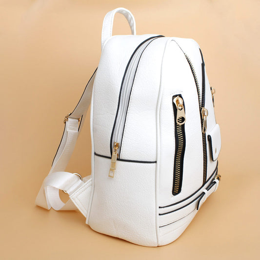 Moto Backpack White Zipper Medium Bag for Women