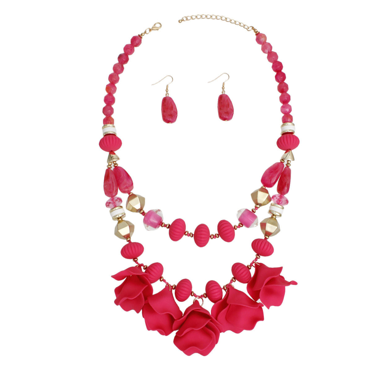 Beaded Necklace Fuchsia Petals Layered Set Women